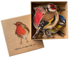A gift box set of 5 wooden hanging birds; set contains Robin, Sparrow, Blue Tit, Woodpecker and Goldfinch and comes with hanging strings