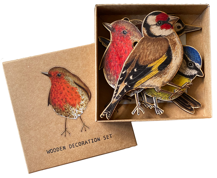 A gift box set of 5 wooden hanging birds; set contains Robin, Sparrow, Blue Tit, Woodpecker and Goldfinch and comes with hanging strings