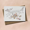 Greeting card with illustrated 'Congratulations' text and love/wedding themes decorative elements on an off-white background. Card blank inside.