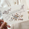Greeting card with illustrated 'Congratulations' text and love/wedding themes decorative elements on an off-white background. Card blank inside.