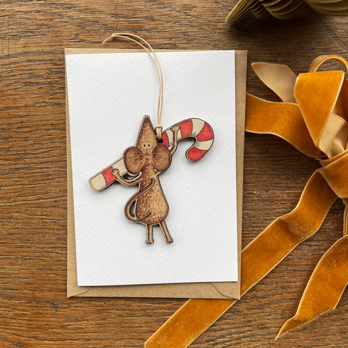 Candy cane Christmas card with removable wooden decoration