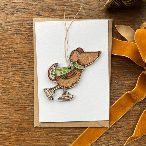 Ice-Skating mouse Christmas card with removable wooden decoration