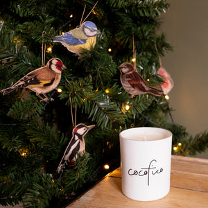 British garden birds - wooden Christmas decoration set. Robin, Blue Tit, Goldfinch, Woodpecker and Sparrow - illustrations on the front and the bird's symbolic meaning on the back