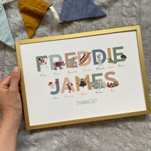 Load image into Gallery viewer, Personalised children&#39;s name prints packed with inspiring emotions and animals in natural tones