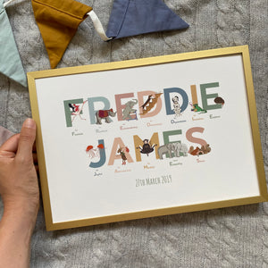 Personalised children's name prints packed with inspiring emotions and animals in natural tones