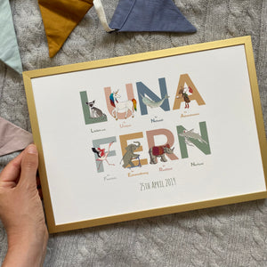 Personalised children's name prints packed with inspiring emotions and animals in natural tones