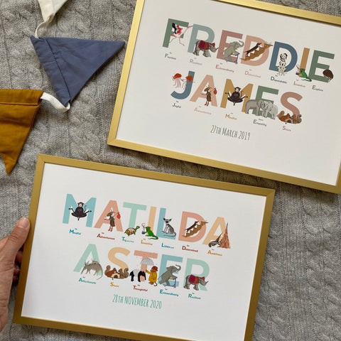 Personalised children's name prints packed with inspiring emotions and animals