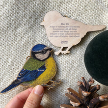 Load image into Gallery viewer, British Blue Tit bird wooden decoration with the symbolic meaning on the back