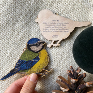 British Blue Tit bird wooden decoration with the symbolic meaning on the back