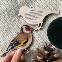 Load image into Gallery viewer, British Goldfinch bird wooden decoration with the symbolic meaning on the back