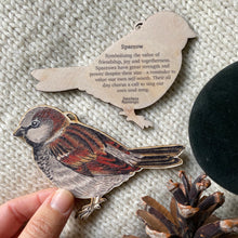 Load image into Gallery viewer, British Sparrow bird wooden decoration with the symbolic meaning on the back