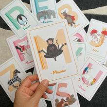 Load image into Gallery viewer, Kid&#39;s Mindfulness flashcards featuring an alphabet of positive attitudes and emotions