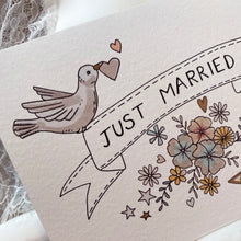 Load image into Gallery viewer, Just Married illustrated vintage fee wedding card