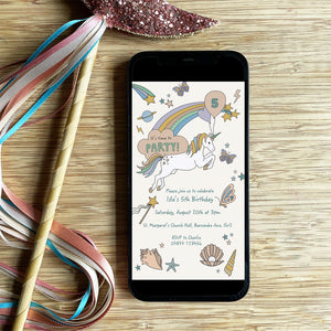 Digital download personalised party invite to send via text, WhatsApp or email - magical unicorn and rainbow theme