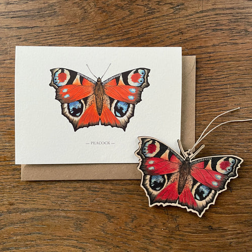 Peacock butterfly - Card with wooden decoration