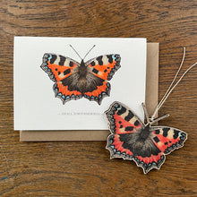 Load image into Gallery viewer, Small Tortoiseshell butterfly - Card with wooden decoration