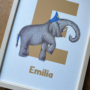 Personalised children's letter name prints featuring superhero animals in capes