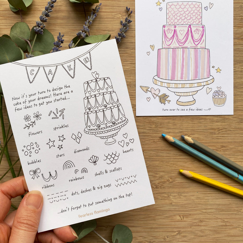 Kid's Wedding activities - Design a cake colouring cards for your mini guests that make special mementoes of the day