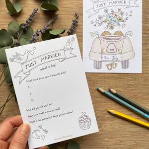 Kid's Wedding activities - Just Married colouring cards for your mini guests that make special mementoes of the day