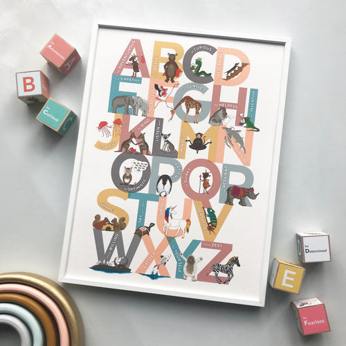 Illustrated animal Alphabet of Emotions children's print - an A to Z of inspiring attitudes and emotions