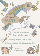 Load image into Gallery viewer, Digital download personalised party invite to send via text, WhatsApp or email - magical unicorn and rainbow theme