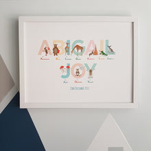 Load image into Gallery viewer, Personalised children&#39;s name prints packed with inspiring emotions and animals in pastel tones