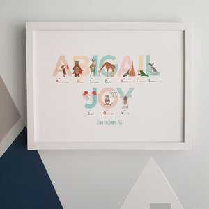 Personalised children's name prints packed with inspiring emotions and animals in pastel tones