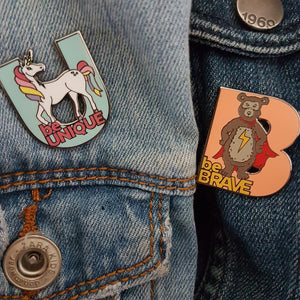 'be Brave' bear and 'be Unique' unicorn children's enamel pin badge