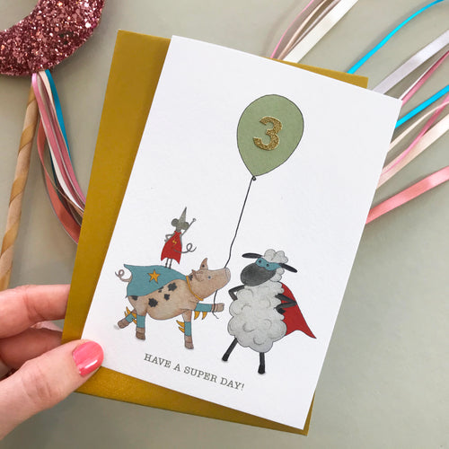 Have A Super Day! Sheep & friends birthday card (pick your number)