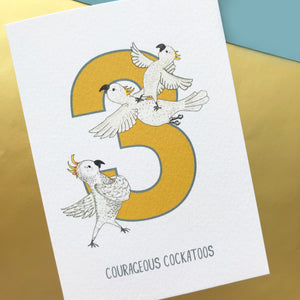 3rd Birthday card - Three Courageous Cockatoos!