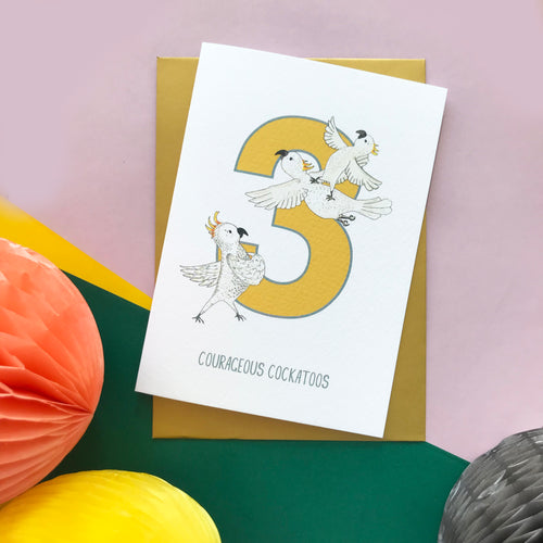 3rd Birthday card - Three Courageous Cockatoos!