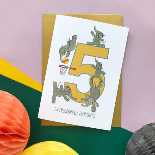 5th Birthday card - Five Extraordinary Elephants!