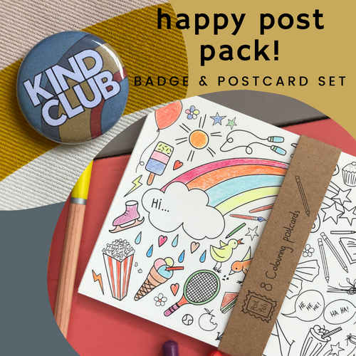 Happy Post Pack! Mini badge & postcard set