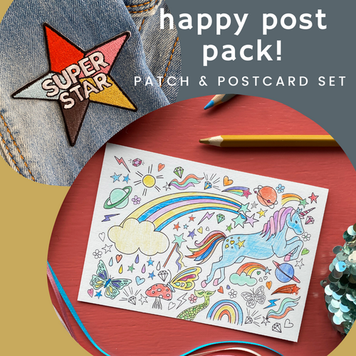 Happy Post Pack! Patch & postcard set